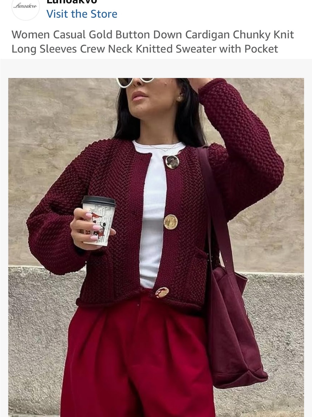 Chunky Knit Gold-Button Cardigan Sweater - Burgundy